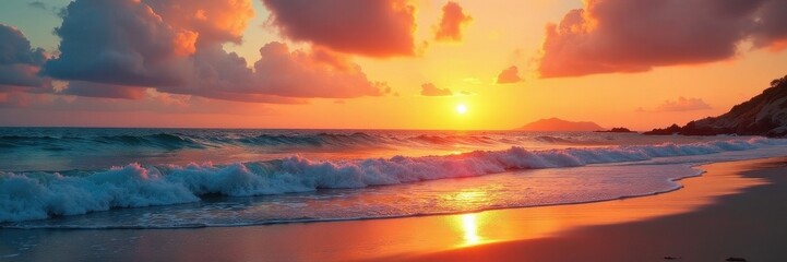 Fototapeta premium Golden sunset hues paint sky, calm wave laps shore, beach, coast