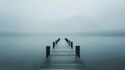 Fototapeta premium Foggy lake pier, tranquil, misty, walkway, serene, peaceful, morning, quiet