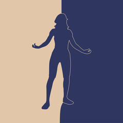 Young woman silhouette. Background divided into two halves. Day and night