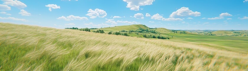 Fototapeta premium Breezy landscape scene open fields digital art vibrant nature panoramic view serenity concept