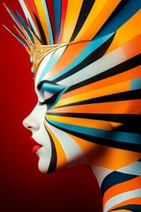 Bold fashion portraits of women with colorful abstract face art and crowns, symbolizing creativity, empowerment, beauty, identity, royalty, and modern art in striking graphic compositions
