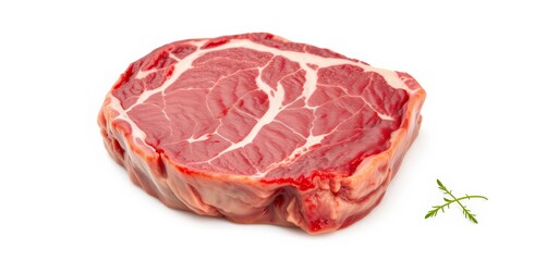 Fototapeta premium A thick-cut raw ribeye steak, marbled with fat, sits isolated on a pure white background, fresh, detail