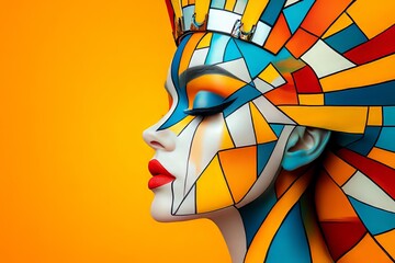 Bold fashion portraits of women with colorful abstract face art and crowns, symbolizing creativity, empowerment, beauty, identity, royalty, and modern art in striking graphic compositions
