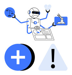 Robot performing diverse tasks thumbs up managing justice, healthcare, industrial automation, and data insights. Ideal for AI ethics, technology, healthcare, automation, multitasking