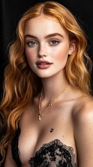 Glamorous close-up portrait of a young woman with red hair in fashion photography studio setting
