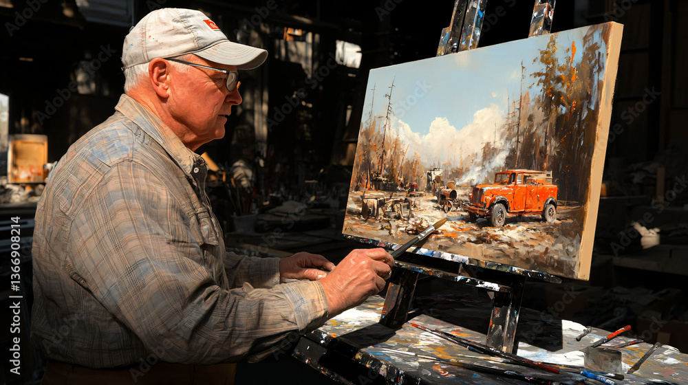 Aufkleber a man skillfully painting on a canvas in a studio bathed in soft daylight creating a beautiful maste