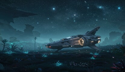 Obraz premium Spaceship rests in alien landscape under night sky full of stars, showcasing cosmic exploration and futuristic themes.