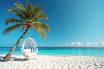 Tropical beach paradise with a white hanging chair under a palm tree overlooking turquoise ocean waters. Idyllic vacation, relaxation, and luxury summer getaway concept.