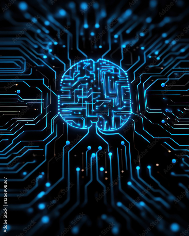 Poster futuristic digital brain with circuit patterns glowing in blue.