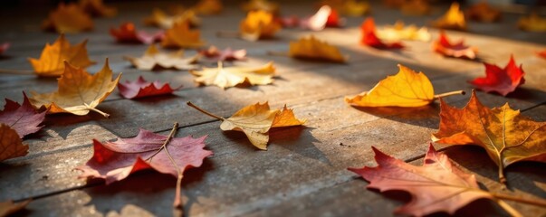Dried and crinkled leaves scattered on wooden floor, nature, wood