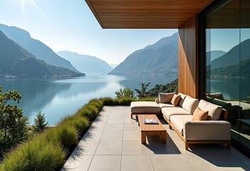 Fototapeta premium Unwind in Style: Luxurious Lake Como Terrace with Mountain Views, Beige Sofa & Glass Wall - Perfect for Design Inspiration & Upscale Outdoor Living.