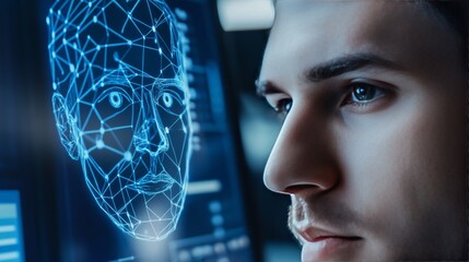 Biometric security engineer developing facial recognition systems, high-tech security lab with biometric scanners and recognition software, Digital-tech style