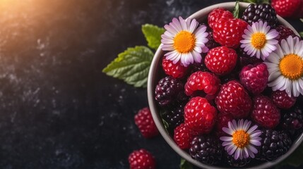 A bowl filled with red raspberries, blackberries, and white and yellow flowers sits on a dark surface, exuding freshness and color