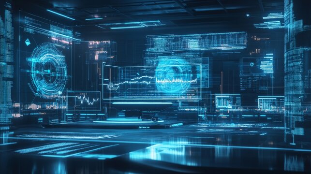 Blockchain architect building decentralized finance systems, futuristic office with blockchain code and finance visualization tools, Digital style