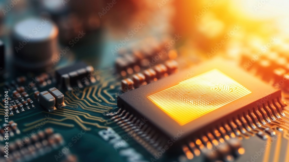 Poster a detailed close-up of a computer chip with glowing elements, showcasing complex circuitry illuminat