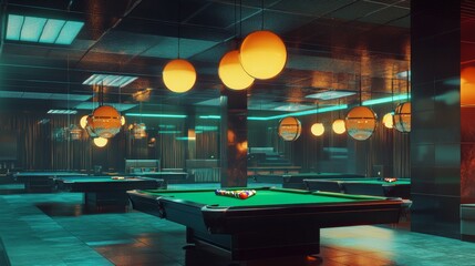 Indoor recreation hall with pristine pool tables, perfectly aligned gaming spheres, warm overhead lighting fixtures, rich green felted surface, atmospheric sports venue capture, premium gaming