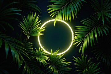 Lush tropical foliage at night with glowing neon ring centerpiece casting soft light on vibrant green palm leaves, creating an ethereal, moody jungle atmosphere for modern design