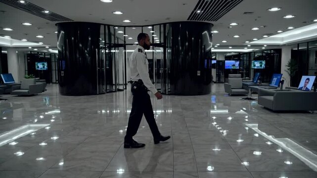 Wide-angle shot of a modern lobby with a security guard walking, emphasizing sleek design and surveillance, reminiscent of a corporate video.