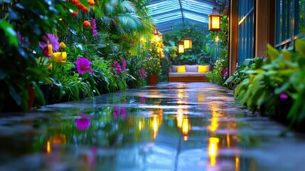 Naklejka premium Rainy Night Garden Path, Lush Flowers, Lights - Nature Photography:.