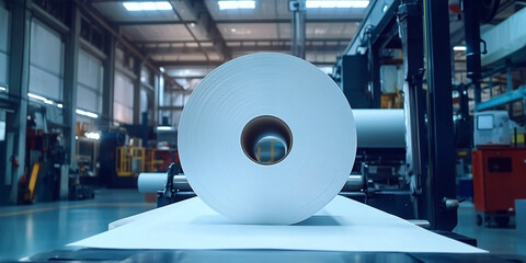 Large white paper roll unrolling on a printing press in industrial environment