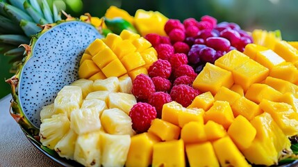 Tropical Fruit Salad: Mango, Pineapple, Raspberries - Vibrant Color.