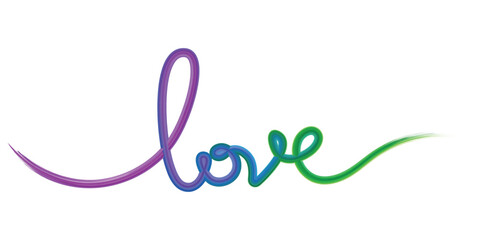 Vibrant continuous line script cursive text 'LOVE' with a colorful gradient effect, perfect for Valentine’s Day cards, wedding banners, or romantic t-shirt prints.