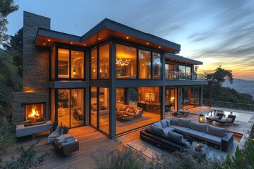 Fototapeta premium Stunning sunset view from a contemporary mountain home with floor-to-ceiling windows, modern furniture, and wood accents overlooking San Francisco Bay.