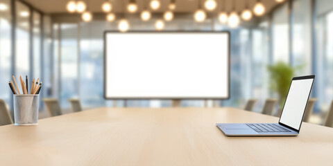 Fototapeta premium プロジェクター、スクリーンのある会議室。ビジネスのためのワイド背景用イメージ。Generative AI