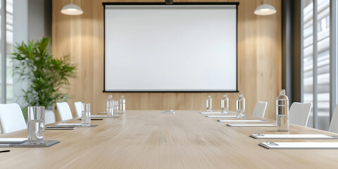 プロジェクター、スクリーンのある会議室4。ビジネスのためのワイド背景用イメージ。Generative AI
