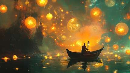 Man in boat illuminates floating lanterns in a surreal dreamlike twilight scene