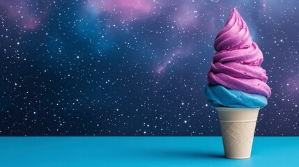 Whimsical Ice Cream Cone Against a Deep Purple Galaxy Background with a Starry Sky