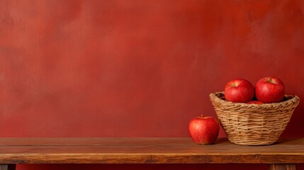 Vintage Style Apple Basket on Wooden Bench with Rustic Red Background