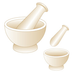 White ceramic mortar and pestle, three views, combined and separate. To grind, blend, crush, pound, and pulverize herbs and spices. Also as a pharmacy, apothecary or medical prescription symbol.