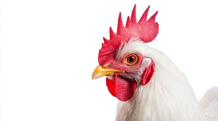 Close-up of a white rooster with vibrant red comb and wattles