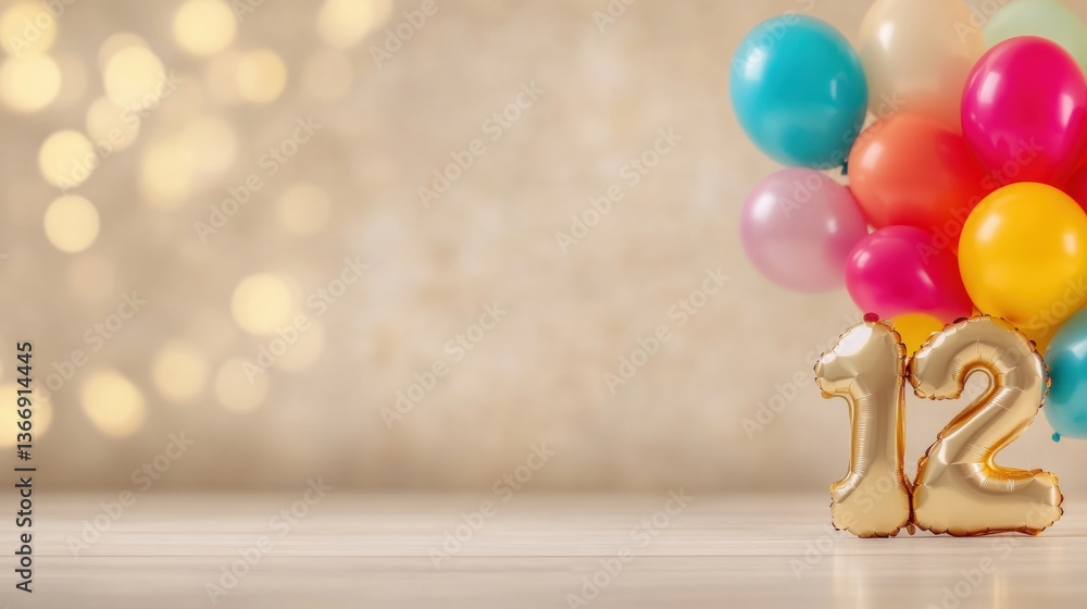 Aufkleber brightly colored balloons float beside large golden numbers representing twelve, creating a joyful s