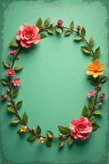 Muted green background with a faded floral wreath and subtle grunge textures, botanical, retro