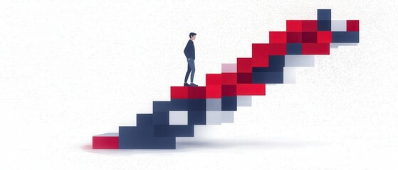Fototapeta premium A man stands on a colorful staircase made of blocks, symbolizing growth and progress in a minimalist design.