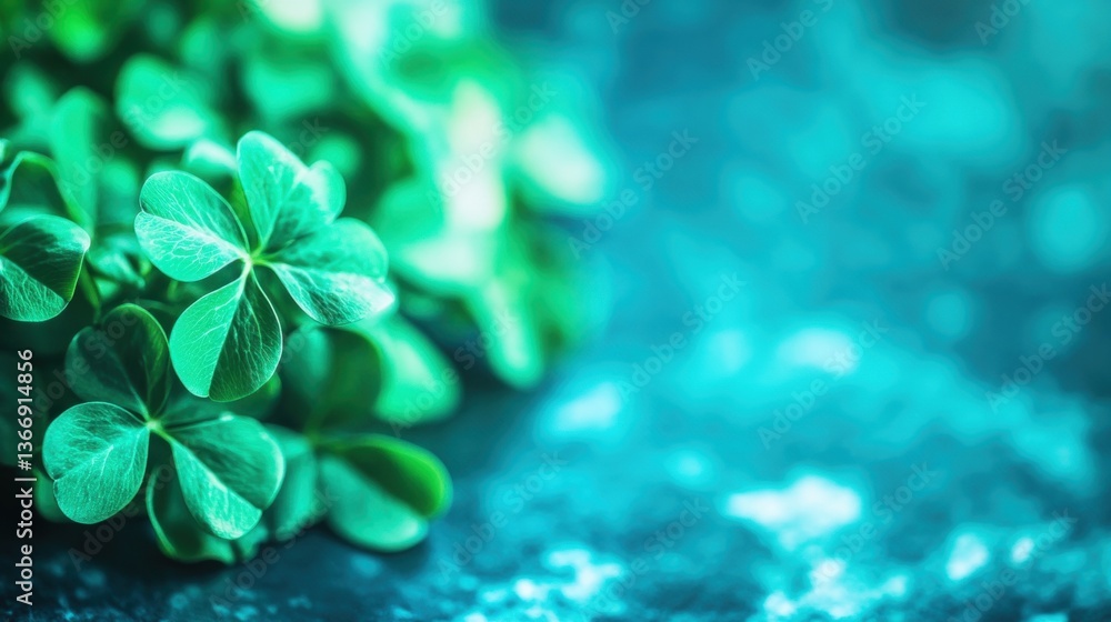 Poster fresh clover leaves with delicate textures rest on a dark surface, illuminated by soft, ambient ligh