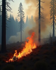 Forest wildfire spreading through dry vegetation, burning trees and smoke in wilderness, climate change impact, natural disaster, environmental destruction, fire hazard