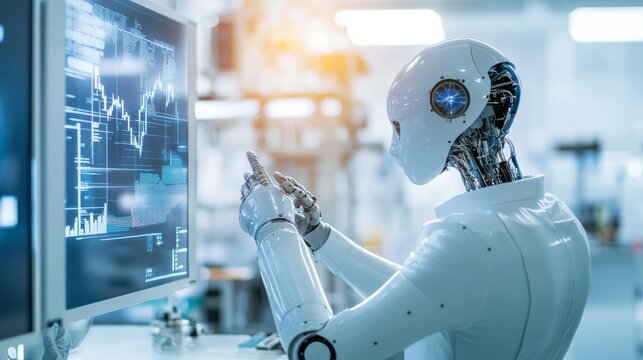 Financial analyst utilizing AI for algorithmic trading in a fintech research lab, high-tech lab with AI systems for real-time market analysis and algorithmic trading, Scientific style