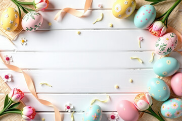 Obraz premium Beautifully decorated pastel Easter eggs with delicate floral patterns arranged on a white wooden background
