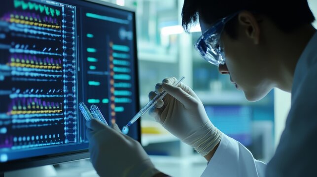 Genetics researcher using AI to sequence DNA in a bioinformatics lab, high-tech bioinformatics lab with AI-powered tools for genetic sequencing and analysis, Scientific style