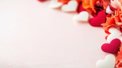 Vibrant flower petals and hearts are scattered artistically on a soft surface, setting a romantic ambiance for an event
