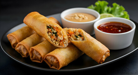 Golden Brown Spring Rolls With Dipping Sauces On Dark Plate
