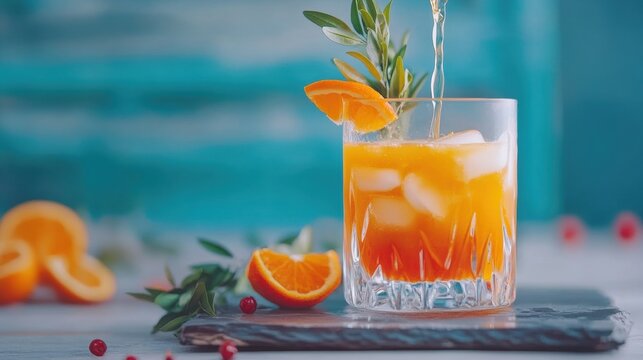 An expert mixes a colorful orange drink, garnishing it with citrus slices and herbs, creating a vibrant and enticing beverage