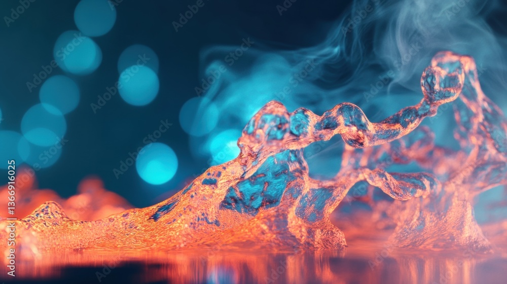 Poster dynamic water splashes and bubbles create an artistic atmosphere, enhanced by colorful lighting and 
