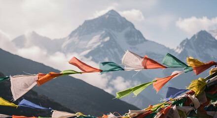 Colorful Prayer Flags Against Snowy Himalayan Mountains