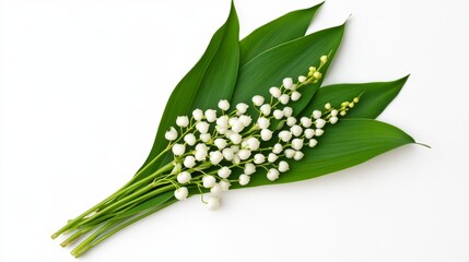 Obraz premium Delicate Single Sprig of Lily of the Valley With Fresh Green Leaves on White Background