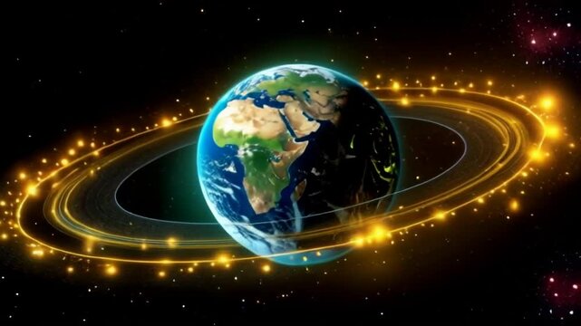 earth day concept, futuristic digital artwork depicting Earth surrounded by technology driven sustainability solution.