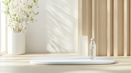 Calm, minimalist interior scene with a bottle of water,  natural light, and simple wooden accents
